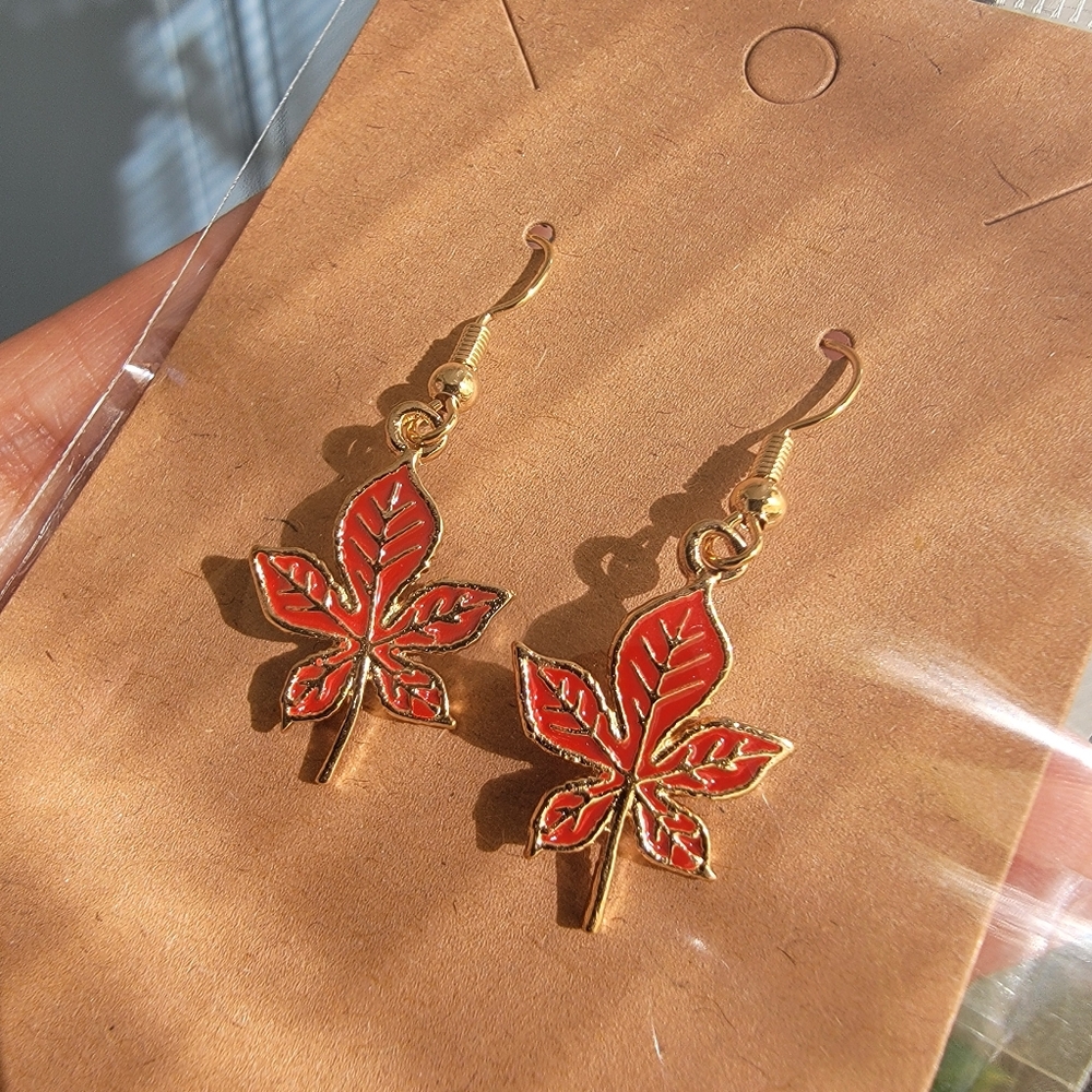 🍁8 Final!! Gold and Red Fall Leaf Earrings